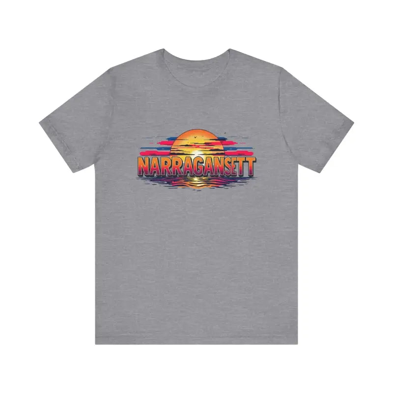 Gray t-shirt featuring sunset graphic from Narragansett Sunset Unisex Jersey Tee