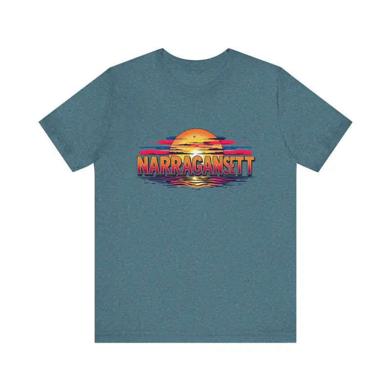 Blue t-shirt featuring a sunset graphic from the Narragansett Sunset Unisex Jersey Tee