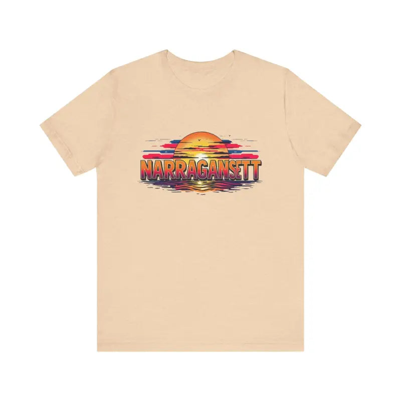 Beige Narragansett Sunset Unisex Jersey Tee featuring a sunset graphic design