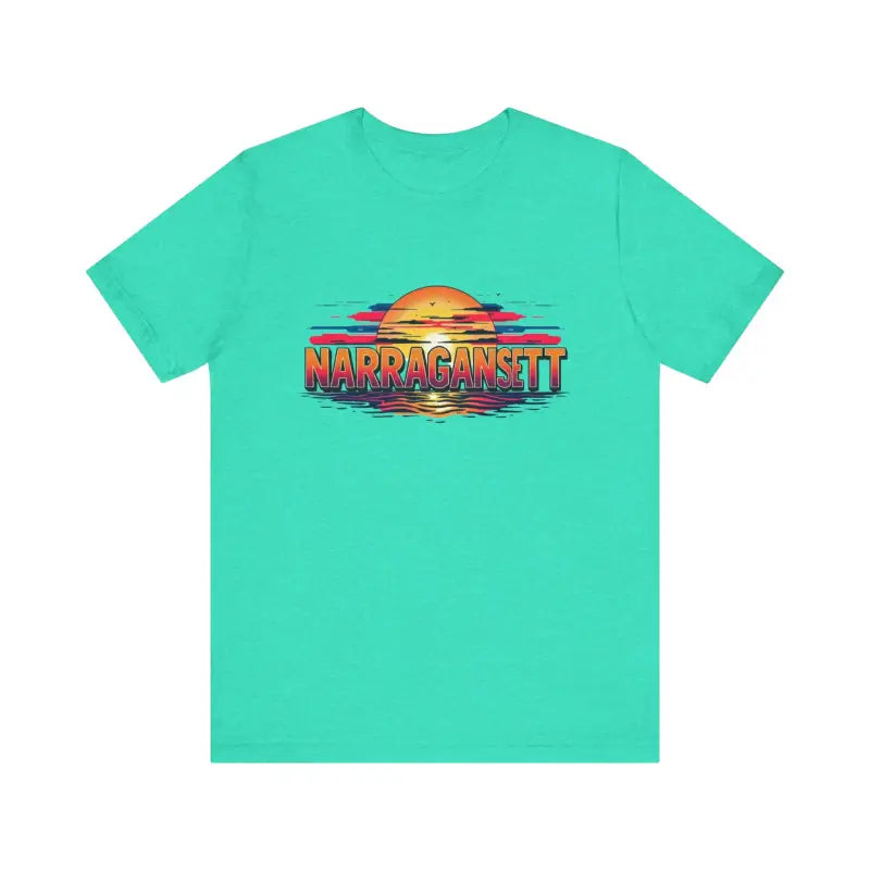 Aqua t-shirt featuring sunset graphic from Narragansett Sunset Unisex Jersey Tee