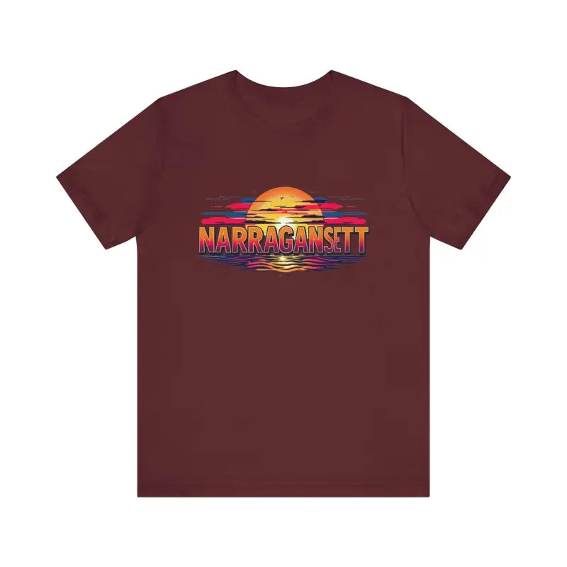 Maroon t-shirt featuring a sunset graphic from Narragansett Sunset Unisex Jersey Tee