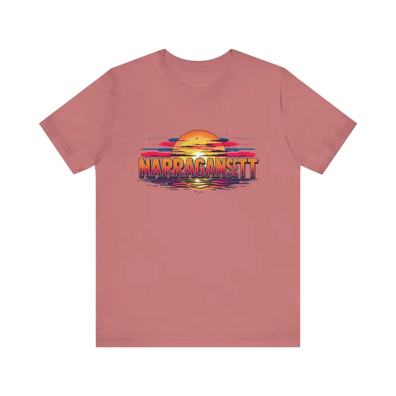 Salmon-colored Narragansett Sunset Unisex Jersey Tee showcased on a flat surface