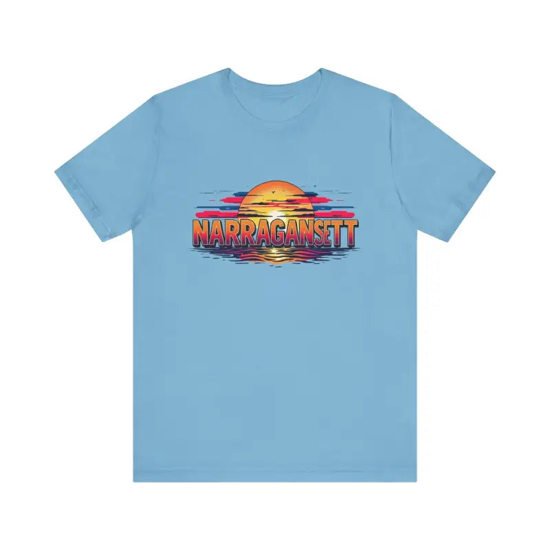 Light blue Narragansett Sunset Unisex Jersey Tee displayed on a neutral background