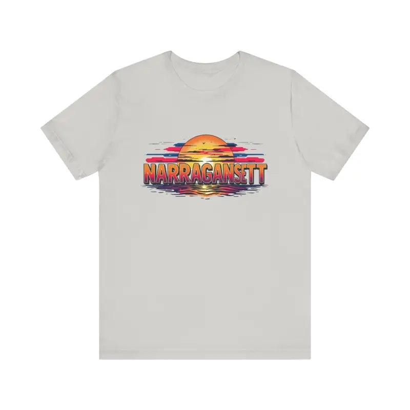 Gray t-shirt featuring a sunset graphic from the Narragansett Sunset Unisex Jersey Tee