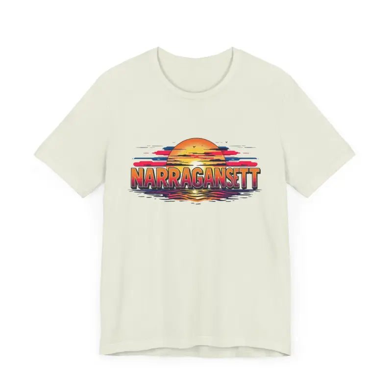 Beige unisex jersey tee featuring a captivating sunset graphic design