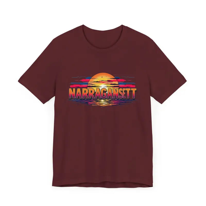 Maroon t-shirt featuring a sunset graphic from the Narragansett Sunset Unisex Jersey Tee