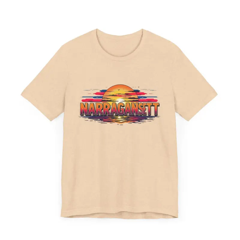 Beige t-shirt featuring a sunset graphic, Narragansett Sunset Unisex Jersey Tee