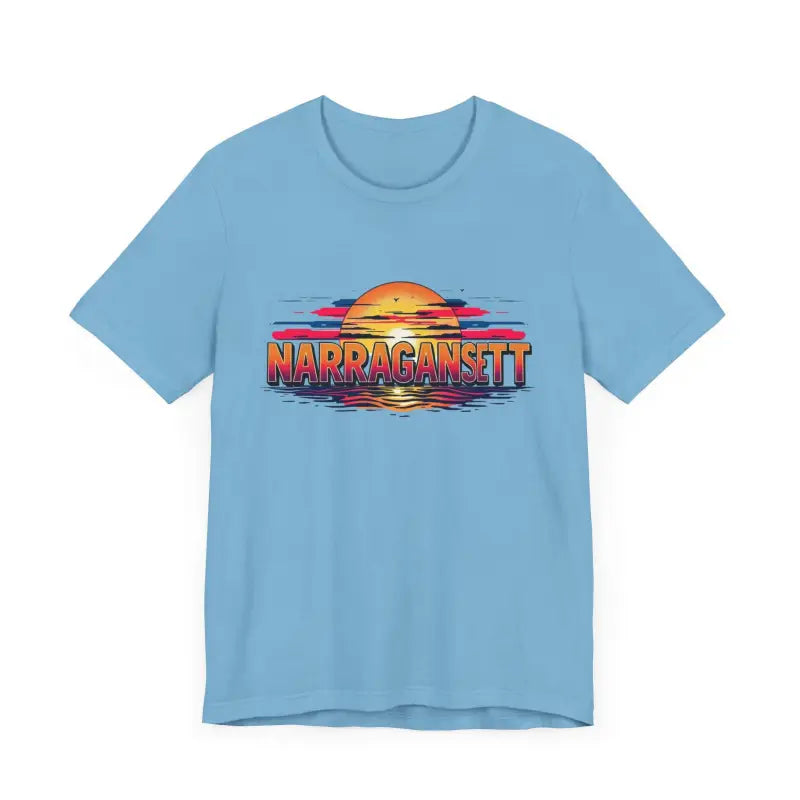 Light blue Narragansett Sunset Unisex Jersey Tee featuring a sunset graphic design