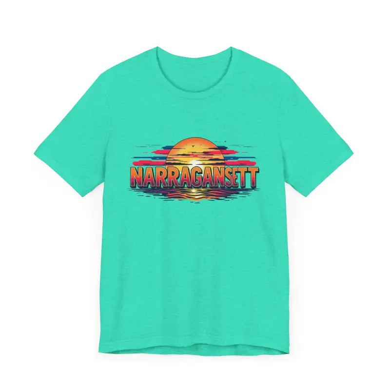 Aqua t-shirt featuring sunset graphic from Narragansett Sunset Unisex Jersey Tee