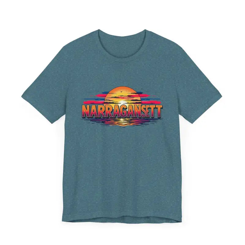 Blue t-shirt featuring a sunset graphic from the Narragansett Sunset Unisex Jersey Tee