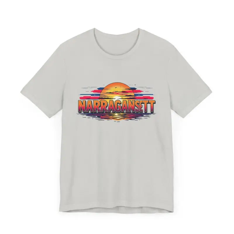 Gray t-shirt featuring a sunset graphic from the Narragansett Sunset Unisex Jersey Tee