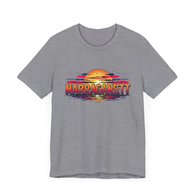 Gray unisex jersey tee featuring a vibrant sunset graphic from Narragansett Sunset collection