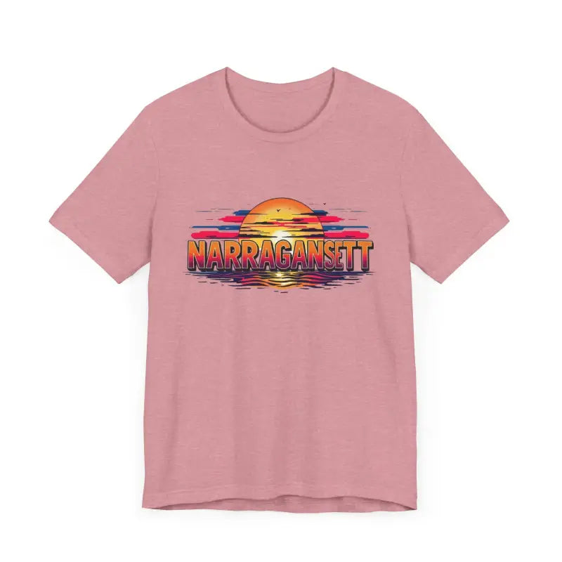 Pink t-shirt featuring a sunset graphic, Narragansett Sunset Unisex Jersey Tee