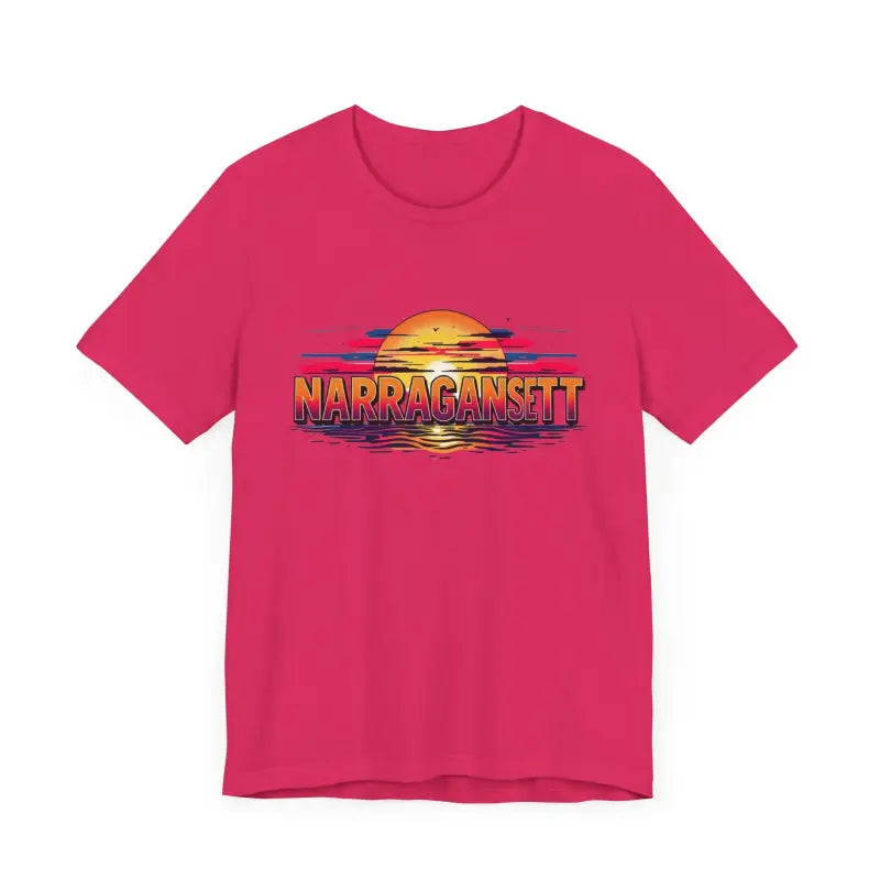 Pink t-shirt featuring a sunset graphic from the Narragansett Sunset Unisex Jersey Tee