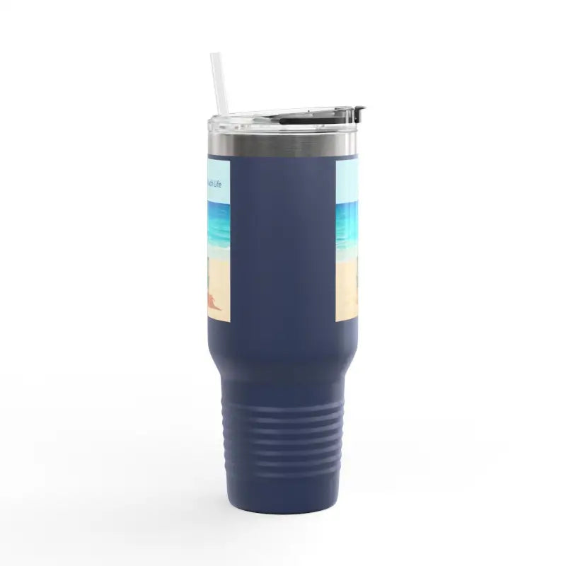 Navy Blue 40oz Insulated Beach Life Tumbler featuring a vibrant beach scene design