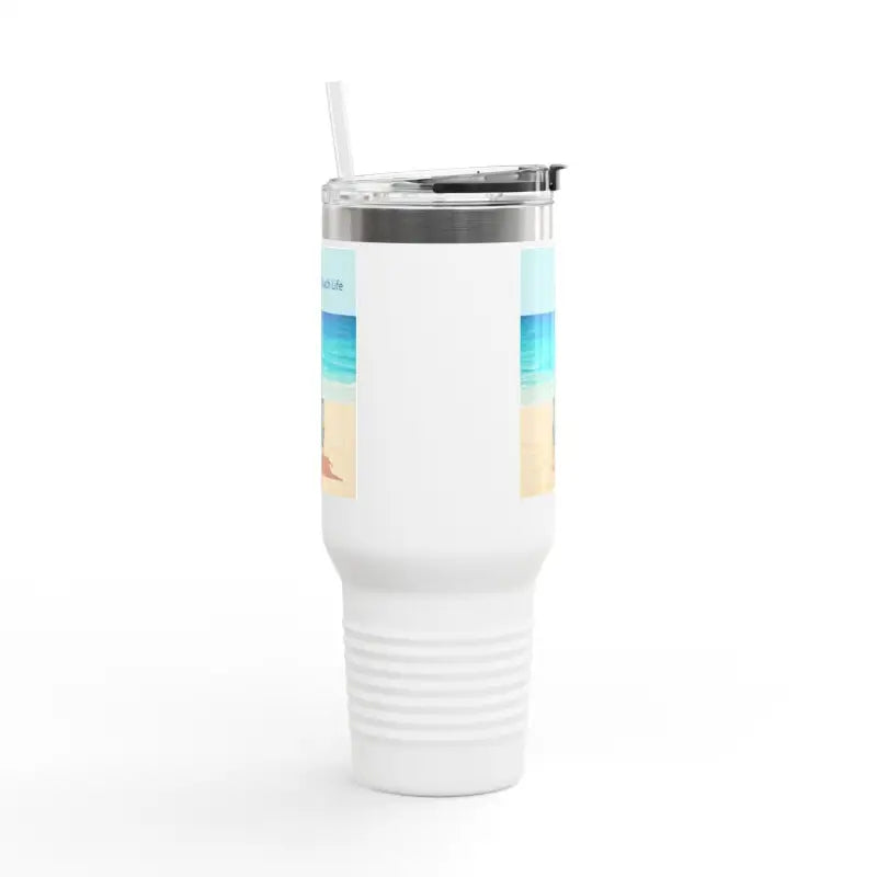 White insulated tumbler with straw from Navy Blue 40oz Insulated Beach Life Tumbler
