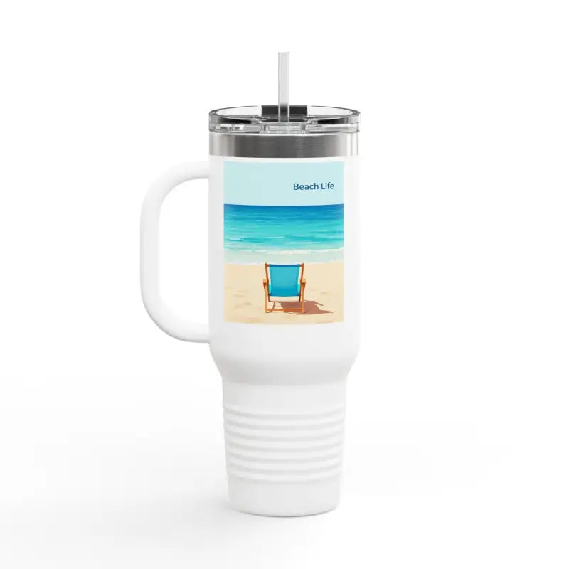 White travel mug featuring a beach scene for Navy Blue 40oz Insulated Beach Life Tumbler