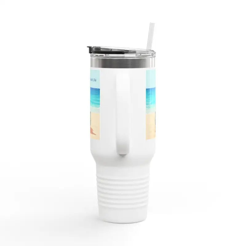 White travel mug featuring a beach scene for Navy Blue 40oz Insulated Beach Life Tumbler