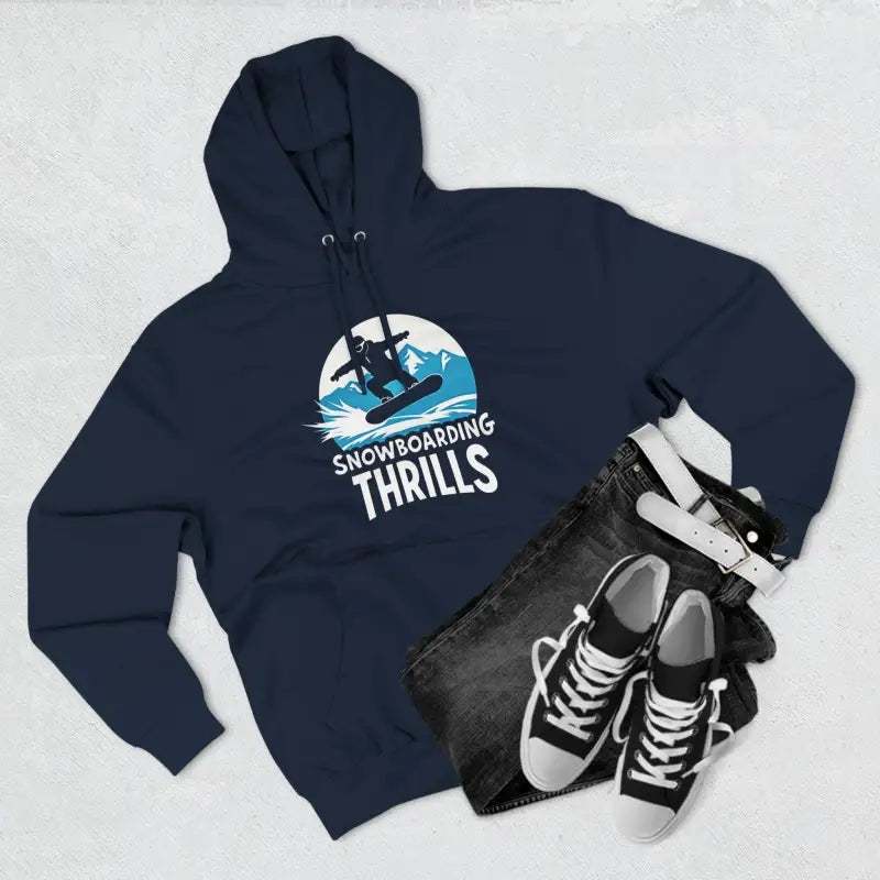 Navy blue hoodie featuring a snowboarding graphic for stylish winter wear