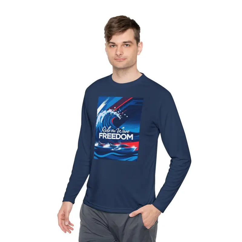 Navy long-sleeved shirt featuring a stylish wave graphic design for men