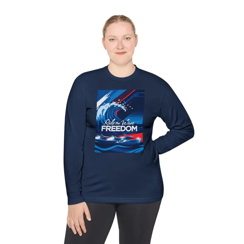 Navy long-sleeved shirt with wave graphic design for stylish casual wear