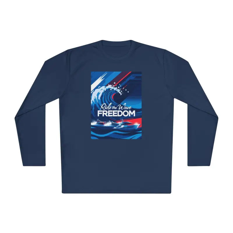 Navy long-sleeved shirt featuring a stylish wave graphic design