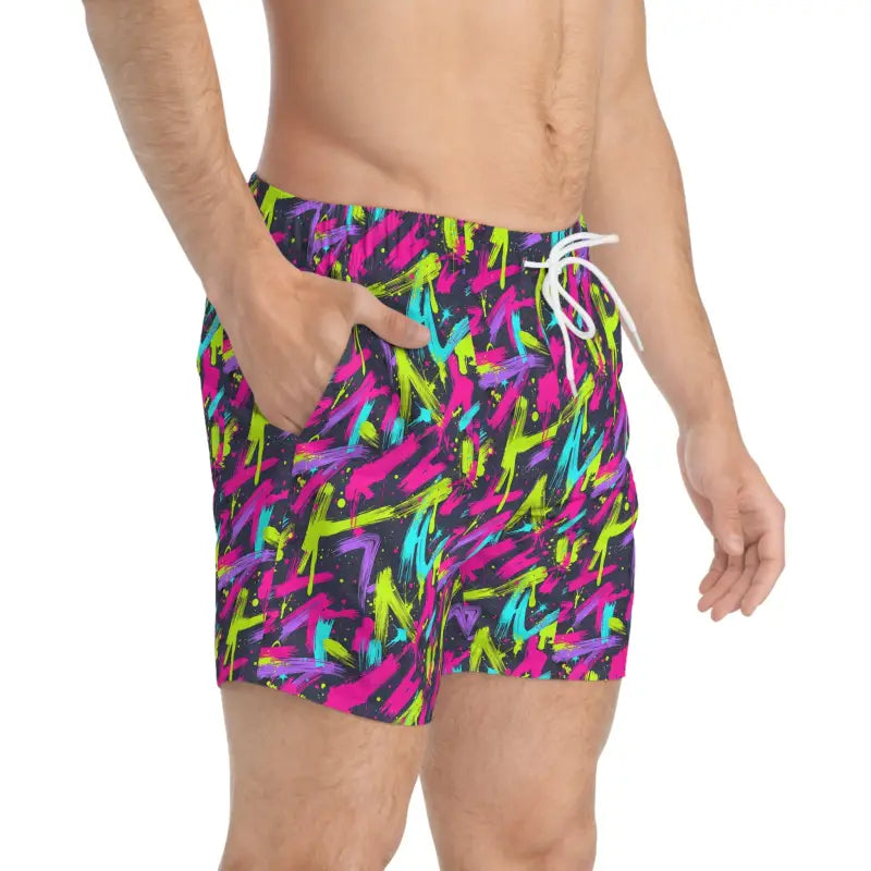 Colorful patterned swim trunks for summer beachwear displayed in Neon Splash Swim Trunks product