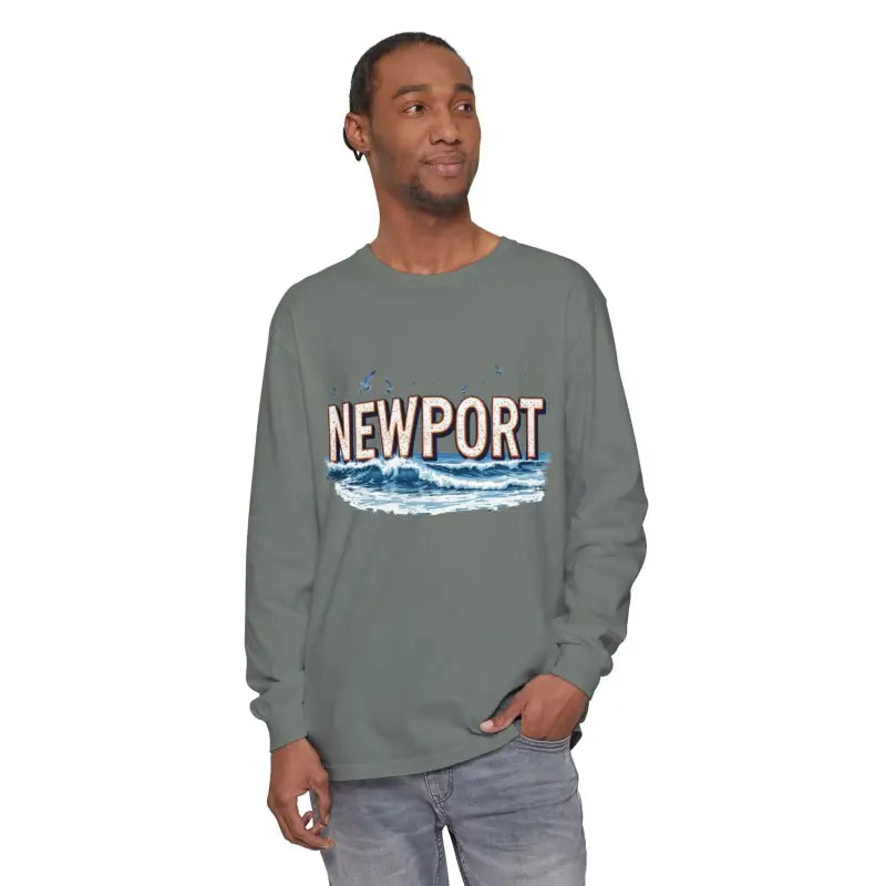 Gray long-sleeved Newport Beach T-shirt showcasing relaxed coastal style