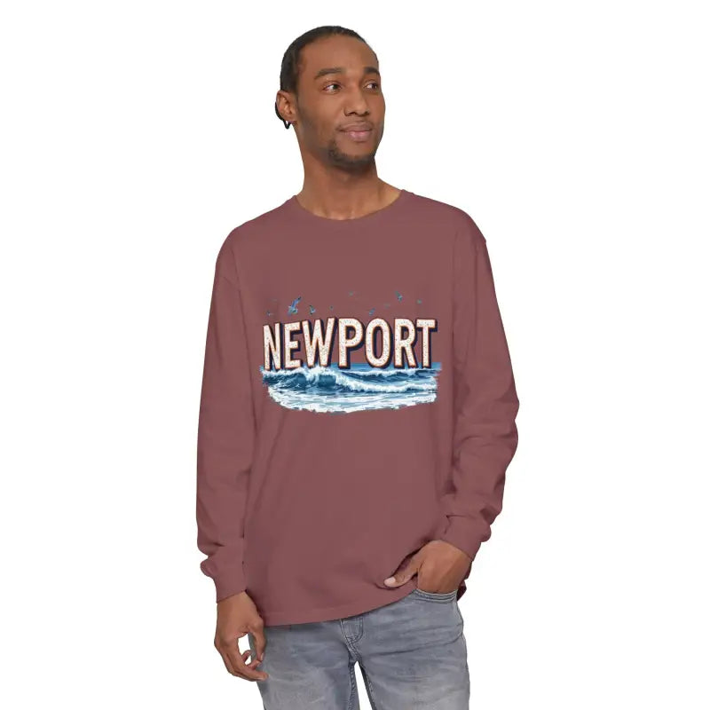 Maroon long-sleeved Newport Beach T-shirt in relaxed coastal style design