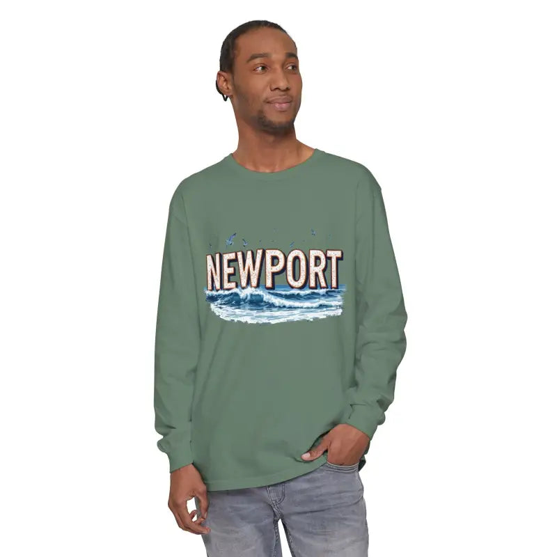 Long-sleeved green Newport Beach T-shirt showcasing relaxed coastal style