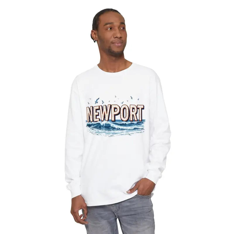 White long-sleeved Newport Beach T-shirt showcasing relaxed coastal style
