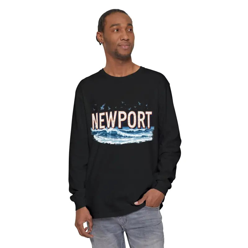 Black long-sleeved Newport Beach T-shirt featuring wave design for relaxed coastal style