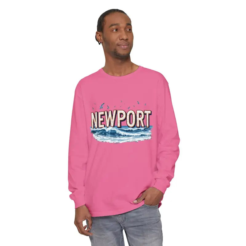 Pink long-sleeved Newport Beach T-shirt in relaxed coastal style for casual wear