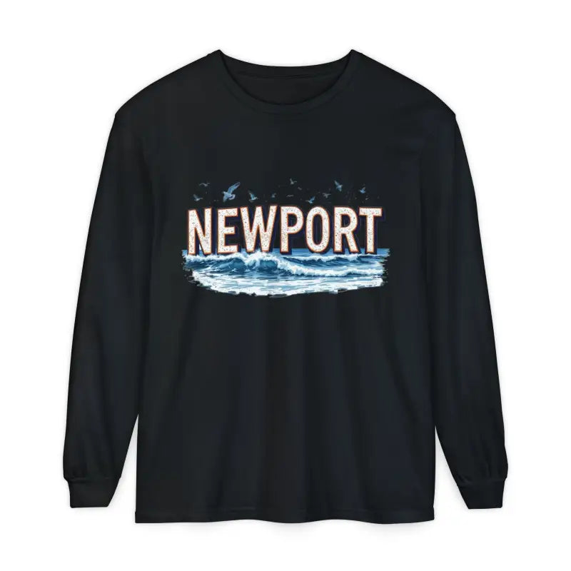 Black long-sleeved Newport Beach T-shirt featuring wave design in relaxed style