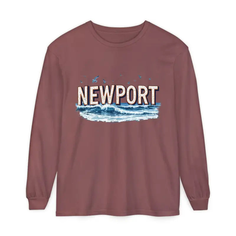 Maroon long-sleeved Newport Beach T-shirt in relaxed coastal style
