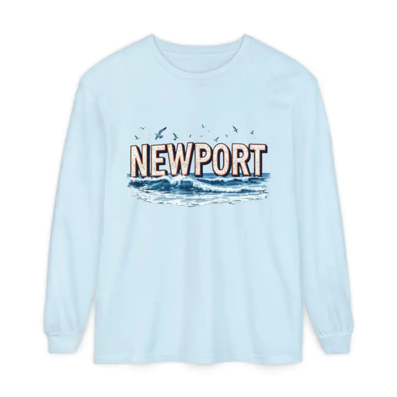 Light blue Newport Beach long sleeve shirt featuring a relaxed coastal style graphic