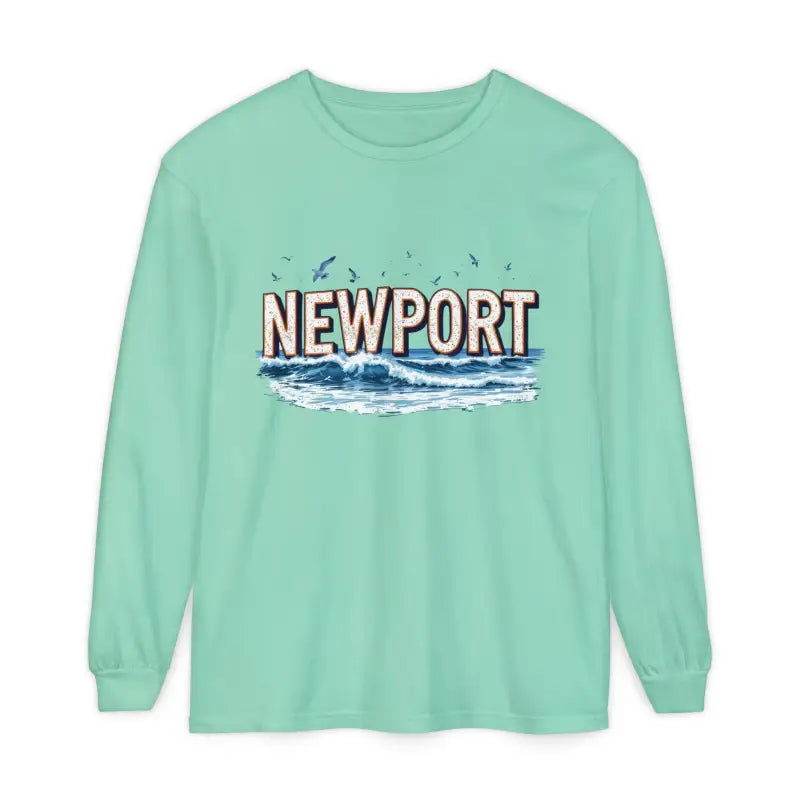 Mint-green long-sleeved Newport Beach T-shirt showcasing relaxed coastal style