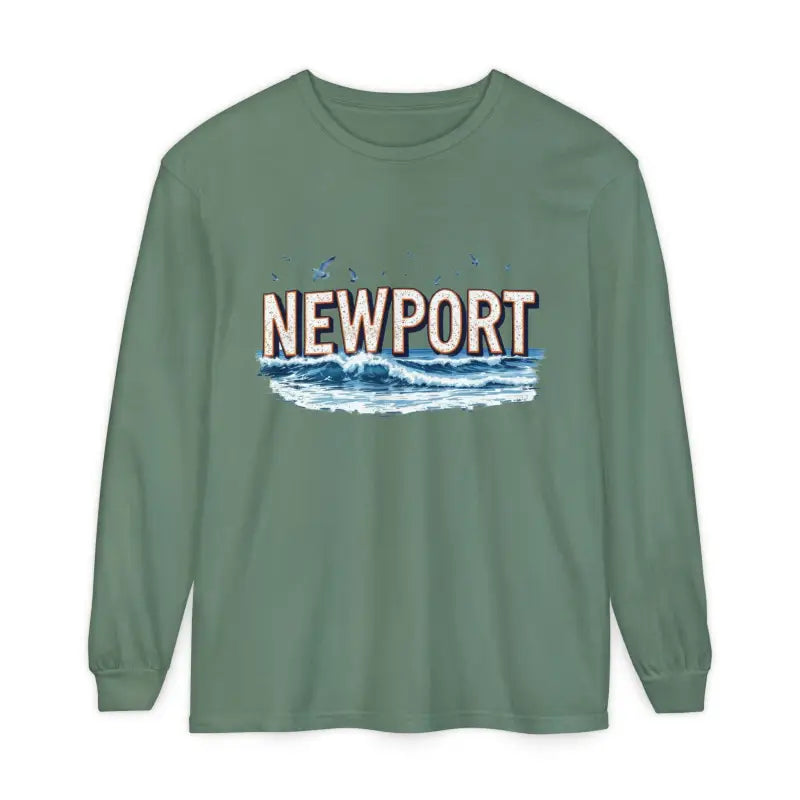 Green long-sleeved Newport Beach T-shirt in relaxed coastal style for casual wear