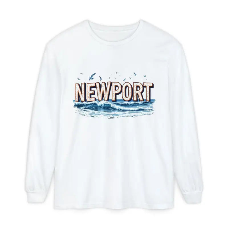 White long-sleeved Newport Beach T-shirt in relaxed coastal style for casual wear
