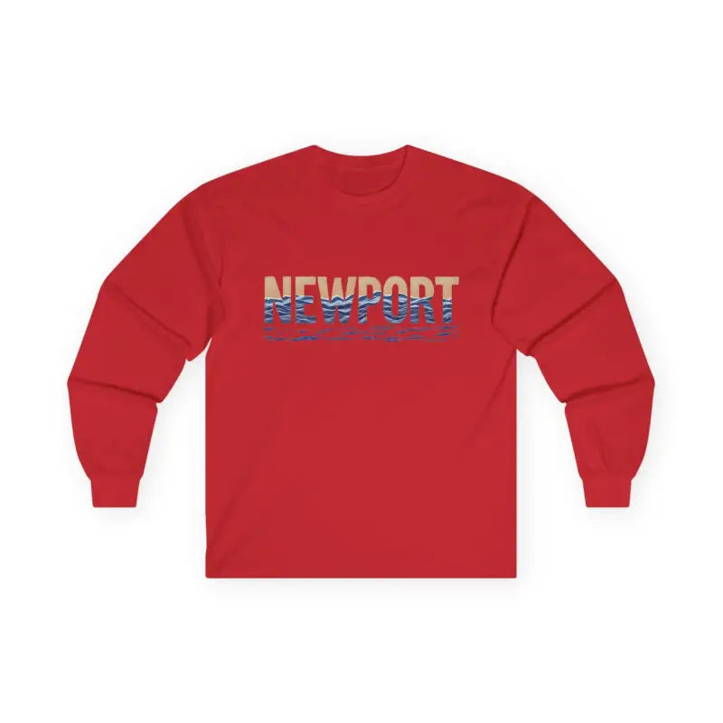 Red long-sleeved Newport Coastal Vibes Unisex Shirt displayed on a hanger