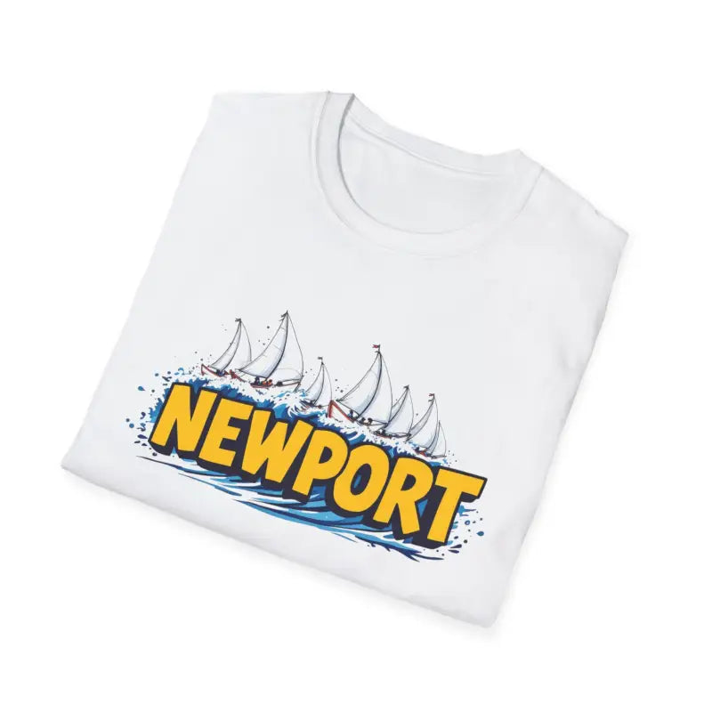 Folded white Newport Graphic Unisex Softstyle T Shirt displayed on a flat surface