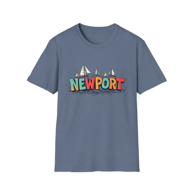 Blue Newport Sailing Softstyle Unisex T Shirt with graphic design displayed