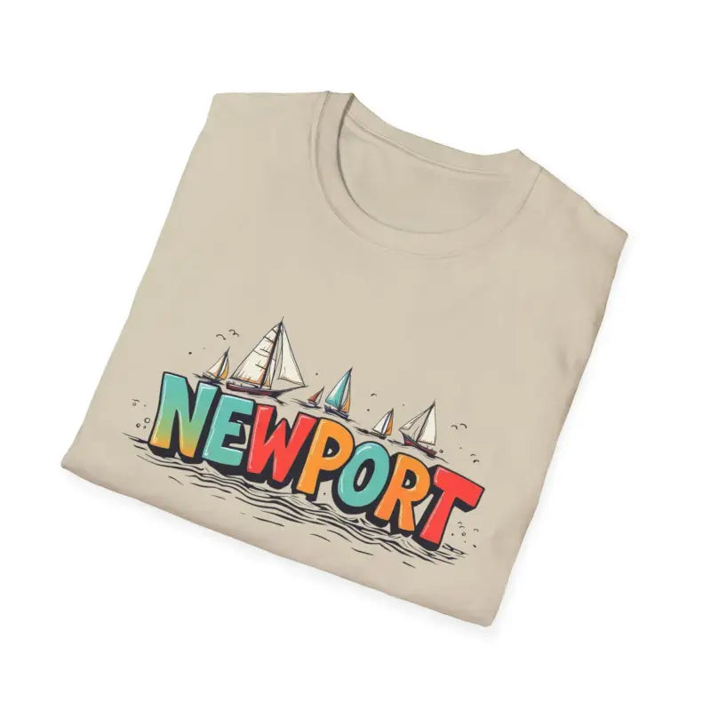 Folded beige Newport Sailing Softstyle Unisex T-shirt with graphic design