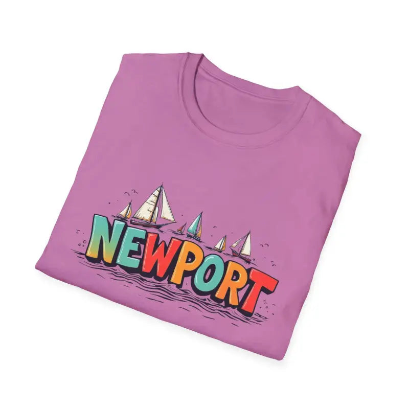 Folded pink t-shirt featuring Newport graphic from the Newport Sailing Softstyle collection