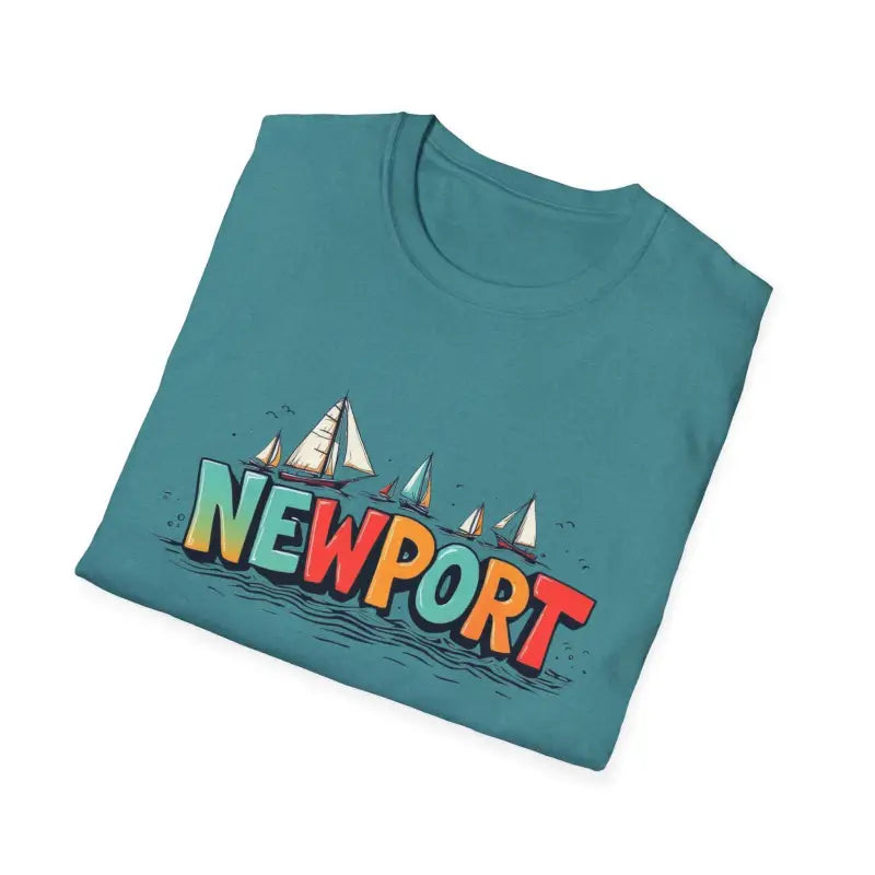 Teal Newport Sailing Softstyle Unisex T-Shirt showcasing nautical design and comfort