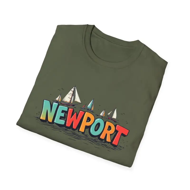 Folded olive-green Newport Sailing Softstyle Unisex T Shirt on a neutral background