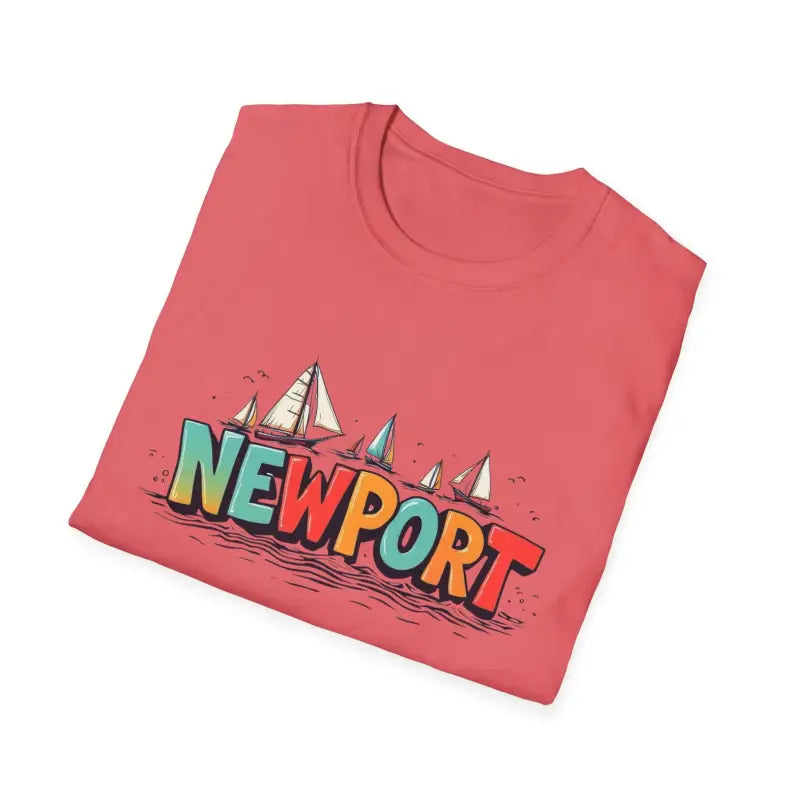 Folded pink Newport Sailing Softstyle Unisex T Shirt with graphic design
