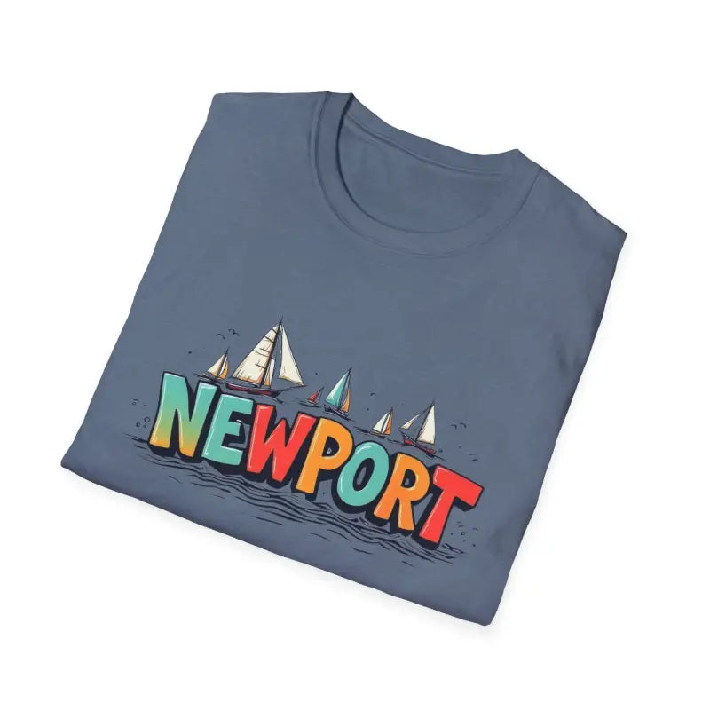 Folded blue t-shirt featuring Newport graphic from Newport Sailing Softstyle collection