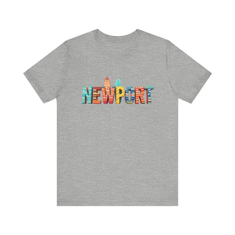 Gray Newport Surfing Inspired Unisex Jersey Tee showcasing bold Newport text design