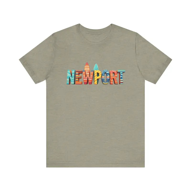 Khaki Newport Surfing Inspired Unisex Jersey Tee with graphic text design